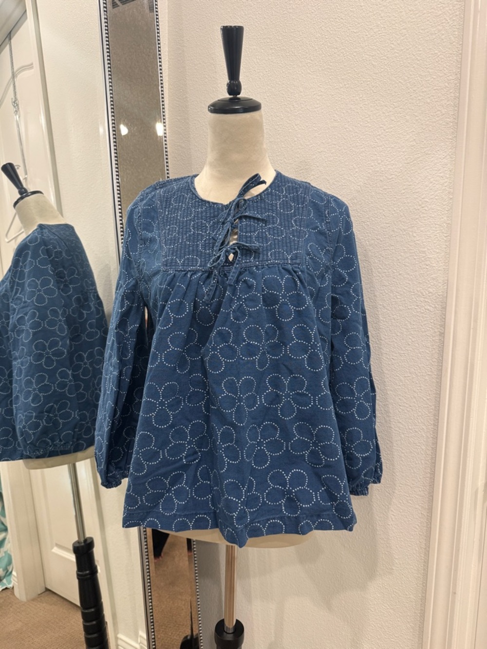 Madewell Indigo Floral Tie-Neck Peasant Tunic